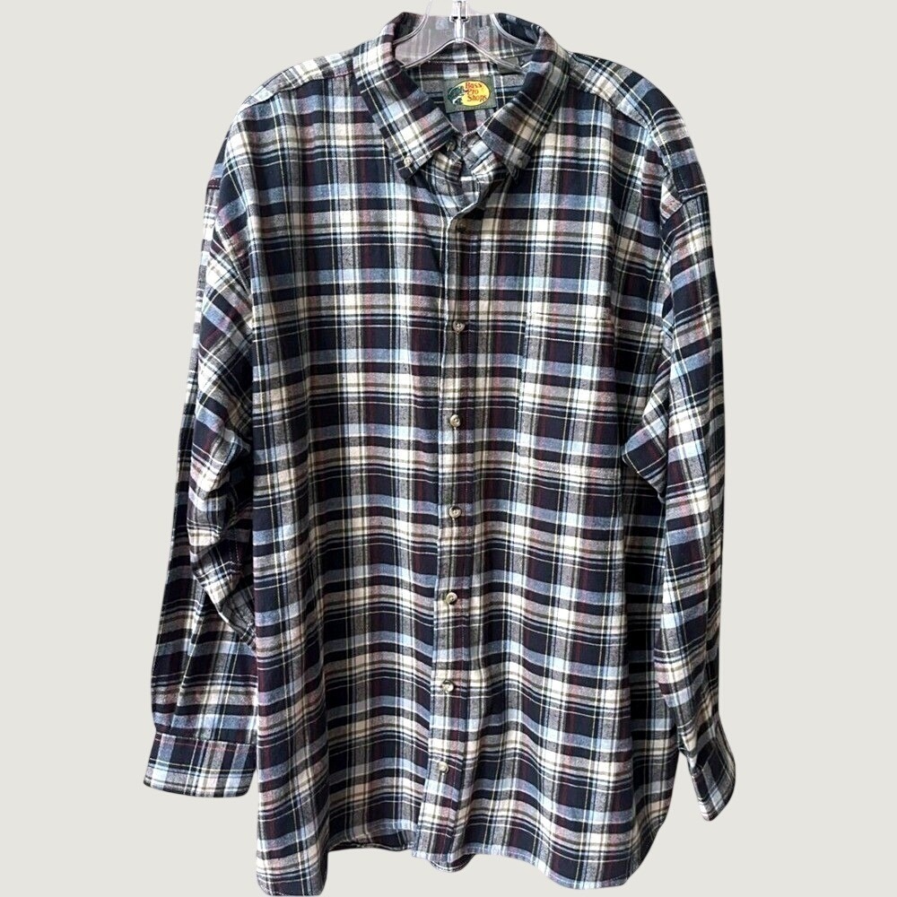Bass Pro Shops Mens Flannel Button Down Shirt Medium Navy Plaid Outdoor Workwear